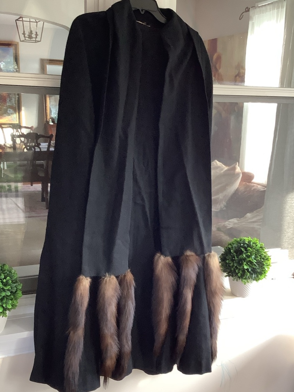 Black Wool Coat with Brown Fur Tail Trim
Final sale no return 
Last mark down